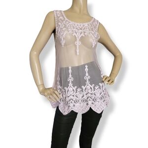 Pale Pink Sheer Lace Scalloped Trim Top by Universal Fashion